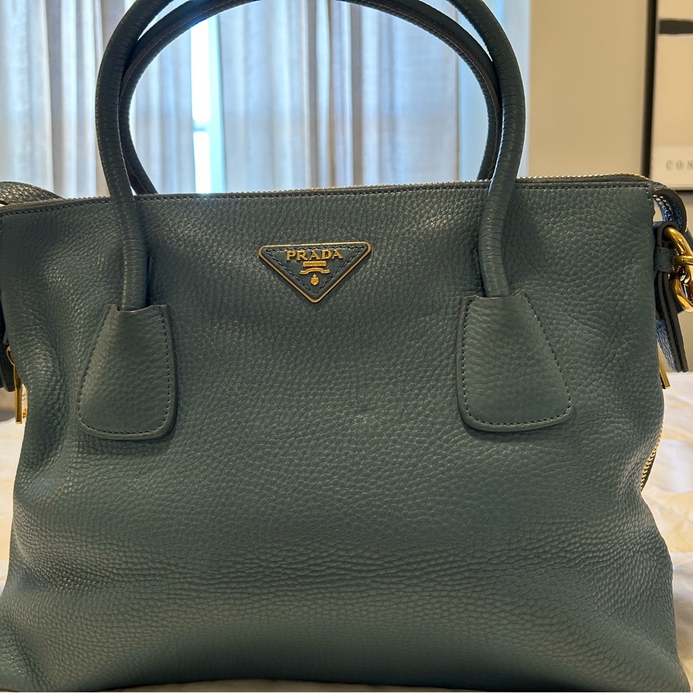 Prada Blue Satchel with Structured Design and Gold Hardware